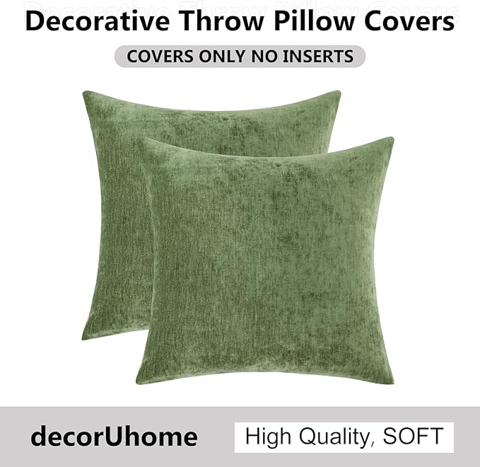 decorUhome Chenille Olive Green Spring Euro Sham Throw Pillow Covers 26x26 Inch Set of 2, Decorative Soft Couch Pillow Covers Solid Dyed Accent Farmhouse Neutral Square Pillow Cases for Sofa