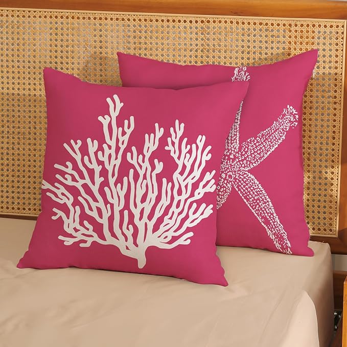 Coastal Pillow Covers 18x18 Inch Set of 2 Hot Pink Coral Starfish Throw Pillows Nautical Ocean Decorations Beach Pillowcase Outdoor Decor Linen Farmhouse Cushion Case for Home Sofa Living Room