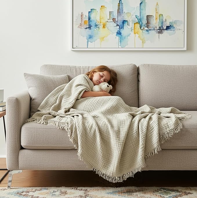 KyraHome 100% Organic Cotton Throw Blankets, 90"x90", Pre-Washed Plant Dyed, Breathable Lightweight Soft Gauze Muslin Blankets for Adults, All Season, Oatmeal Khaki