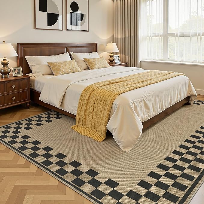 8x10 Jute Rug for Living Room: Farmhouse Carpet Indoor Outdoor Washable Non Slip Area Rug for Bedroom Patio Backyard Dining Room Table Home Office - Checkered Brown