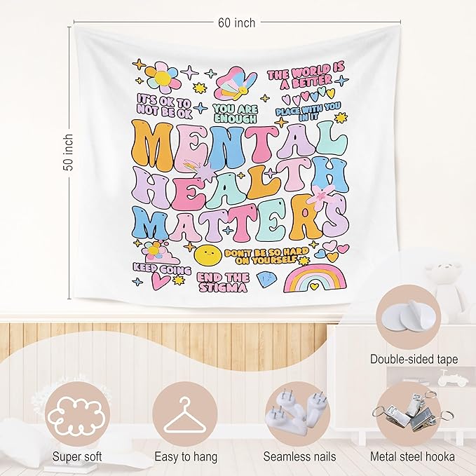 WARDOS Mental Health Matters Tapestry, Boho Trendy Mental Health Tapestry Wall Hanging, Inspirational Psychology Wall Blanket Decor for Therapy Office Classroom Girls Bedroom, 50x60 Inch