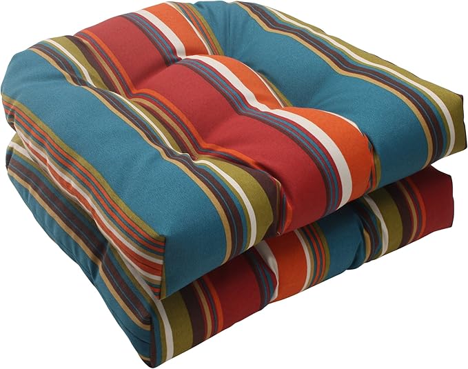 Pillow Perfect Stripe Indoor/Outdoor Chair Seat Cushion, Tufted, Weather, and Fade Resistant, 19" x 19", Red/Brown Westport, 2 Count