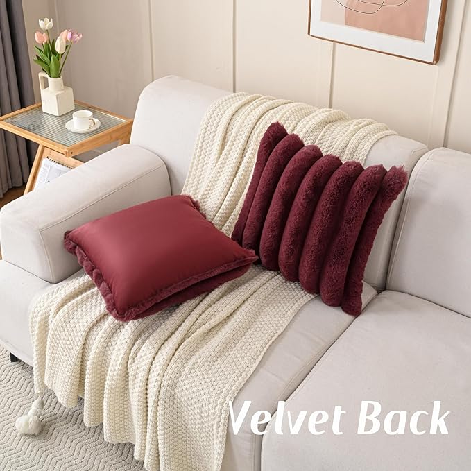 FUTEI Burgundy Decorative Throw Pillow Covers 22x22 Inch Set of 2, Square Soft Faux Rabbit Fur Thick Striped Cushion Cover,Spring Home Decor for Couch Bed Living Room