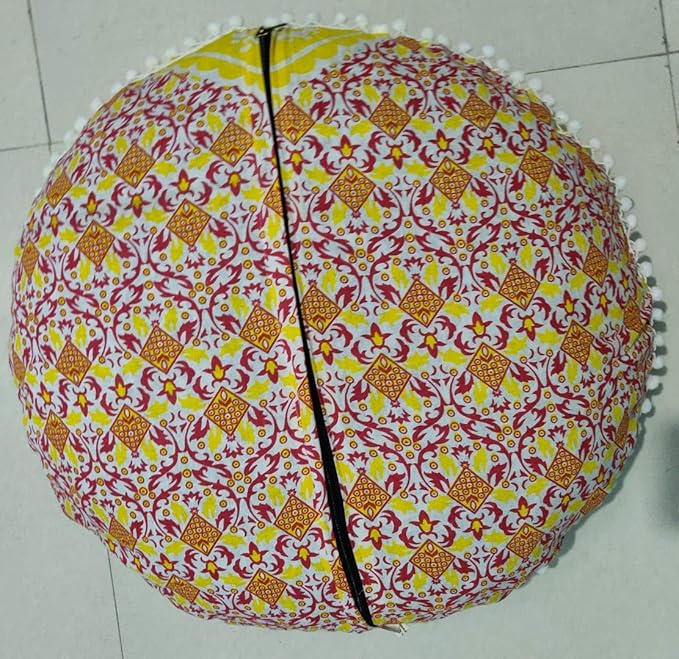 CRAFT KALA Mandala Floor Pillow Cushion Cover Seating Throw Cover Hippie Decorative Bohemian Ottoman Pouf Pom Pom Pillow Cases Boho Indian Cotton Living Yoga Home Décor 24: Round Set Of 2 Yellow Ombre