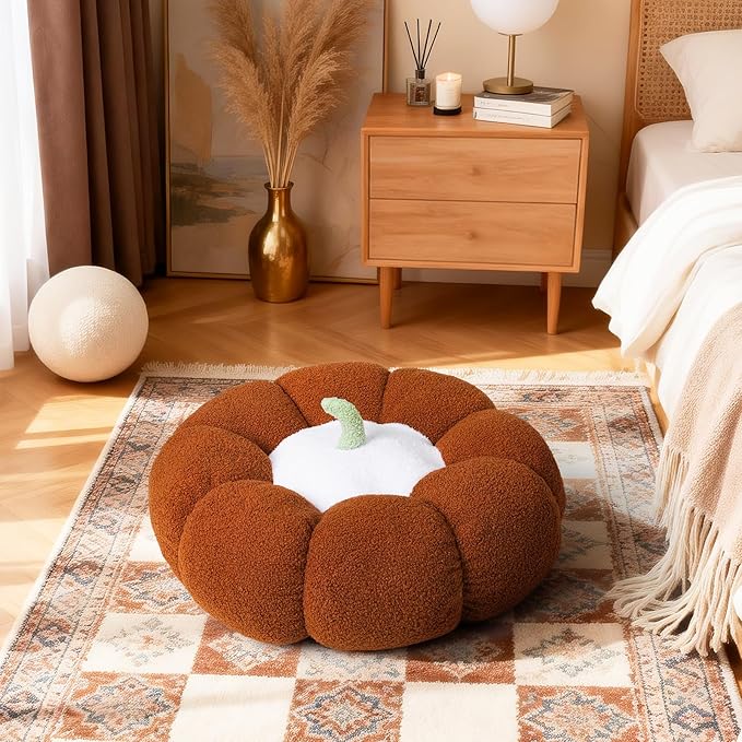 24 Inch Pumpkin Floor Cushion – Large Plush Round Pillow Seat for Living Room, Meditation, Reading & Relaxation – Versatile Seating, Back Support & Pet Bed - Cozy Aesthetic Home Deco
