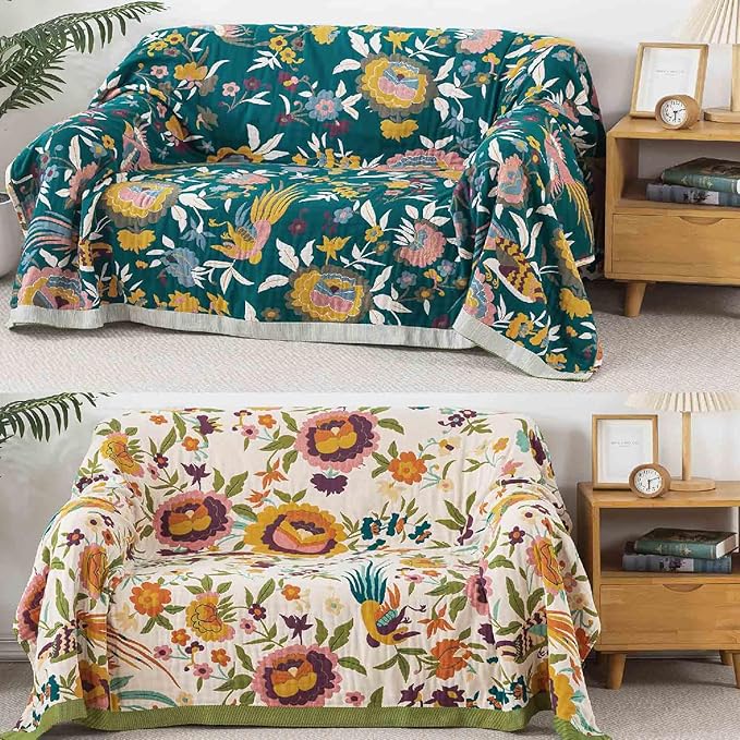 Qidordour Boho Throw Blanket, 60"x80" Muslin Blankets for Adult, 100% Organic Cotton Blanket for Couch Sofa, Lightweight Quilt, All Season Bed Throw, Farmhouse Home Decor, C-Phoenix Floral