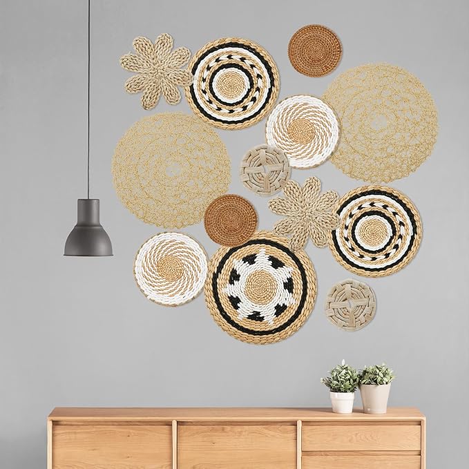 13 Pack Boho Wall Basket Decor Set, Hanging Woven Seagrass Rattan Wicker Boho Wall Decor, Round Farmhouse Wall Hanging Baskets Rustic Flat Wall Art for Living Room Bedroom Kitchen (Style 10)