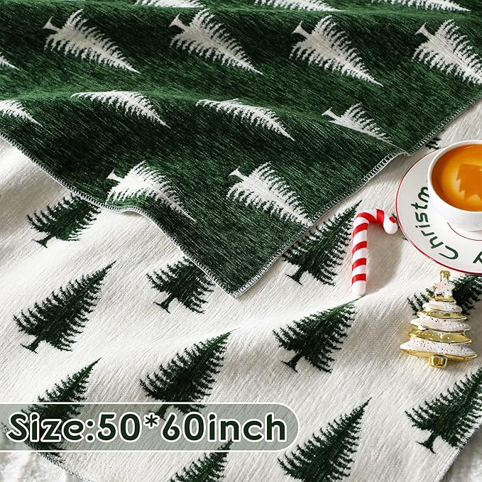 Floral Chenille Throw Blanket 50 x 60'' Farmhouse Vintage Boho Flower Blanket Soft Throw for Couch Bed Sofa Chair Living Room Outdoor Woven Decorative Home Gift(Brown)(Christmas Tree,Green)