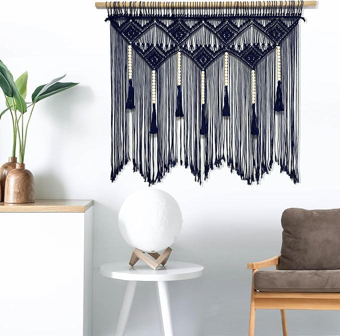 Youngeast Large Macrame Wall Hanging Boho Woven Tapestry Bohemian Macrame Wall Decor Handmade Tassel Tapestry Home Decoration for Bedroom Living Room 39"X31" (Wood Dowels Not Included) (Navy)