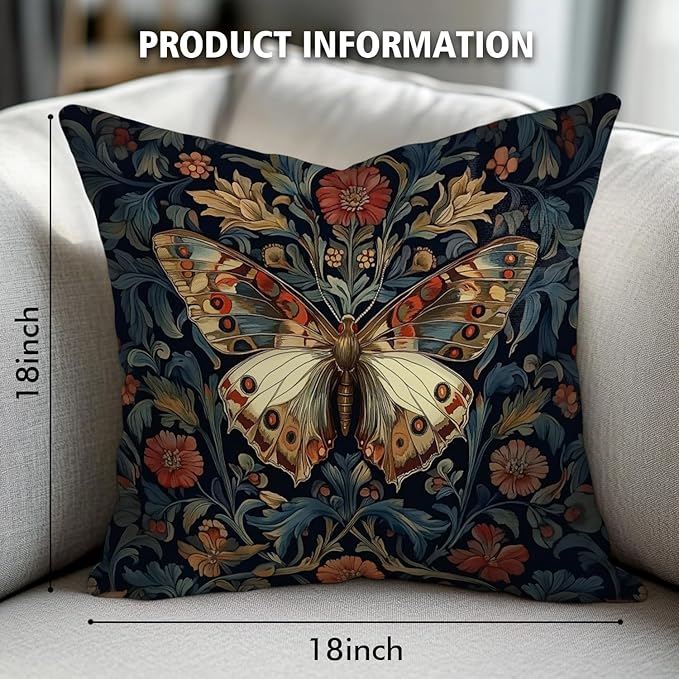 William Morris Abstract Vintage Floral Velvet Butterfly Design Throw Pillow Covers Home Decor, Retro Art Decor Pillowcase Cushion Cover for Bed Sofa Living Room, Square 18x18inch (Blue-Butterfly)