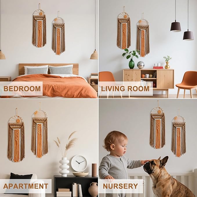 2 Pack Macrame Sun Wall Decor Set - Hand Woven Sunrise Sunset Boho Hanging Tapestry Wall Art, Orange Brown Rustic Dream Catcher Home Decor for Bedroom Living Room Nursery (Brown 2pcs)