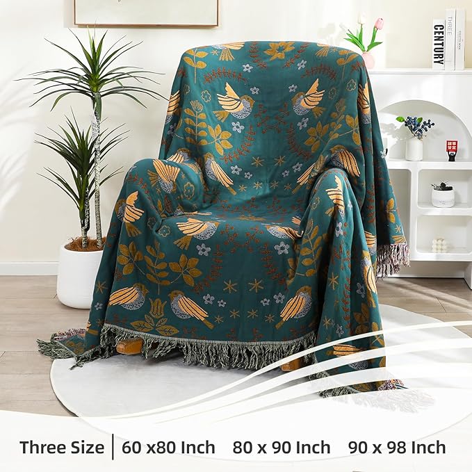 Boho Large Throw Blanket for Bed, 100% Muslin Cotton Soft Breathable Throw-Floral Bird Rustic Decor Blanket for Couch Sofa Quilt and Gift, 60" x 80"-Teal/Beige