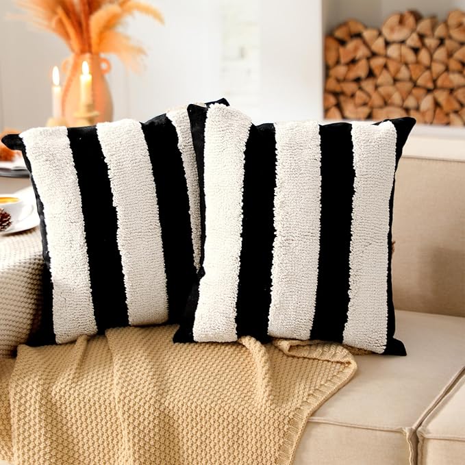 Oudain 2 Pcs Black and White Tufted Pillow Covers Boho Chunky Geometric Decorative Throw Pillow Case 18 x 18 Inches Abstract Pillowcases for Bed Couch(Black, White, Stylish Style)