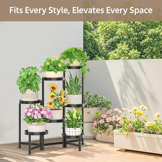 LASZOLA 7 Tiered Plant Stand Indoor Outdoor with Plastic Tray, Corner Folding Tall Flower Display Rack, Modern Plant Holder Shelf for Outdoor Patio Porch Garden Office Living Room, Black