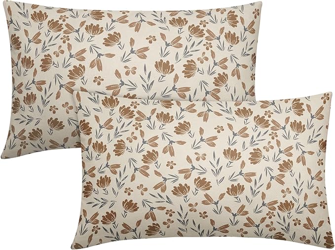 Brown Grey Gray Floral Pillow Covers 12x20 Set of 2 Vintage Rustic Old Style Cute Small Flower Print Rectangle Decorative Outdoor Pillowcases Farmhouse Throw Cushion Case Decor for Couch Sofa Bed