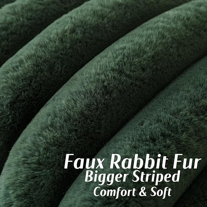 FUTEI Dark Green Decorative Throw Pillow Covers 20x20 Inch Set of 2, Square Soft Faux Rabbit Fur Thick Striped Cushion Cover,Spring Home Decor for Couch Bed Living Room