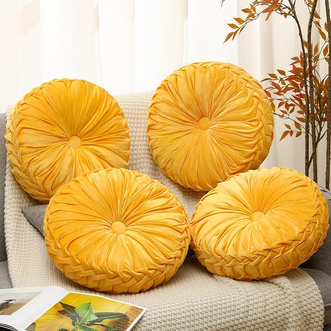 4 Pcs Round Throw Pillows 15 Inch Decorative Velvet Pleated Pumpkin Pillows Boho Floor Pillow with Center Button for Living Room Couch Chair Bed Sofa Home Decoration (Yellow)