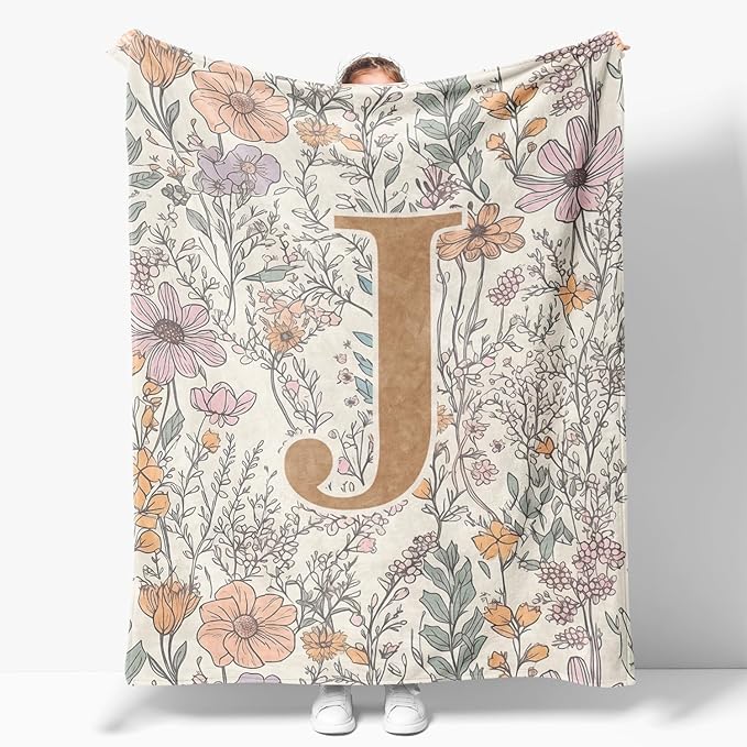 JXREQ Throw Blanket Initial Letter J Personalized Monogrammed Gifts for Women Teen Girls Frends, Boho Floral Throw Blankets for Bed Sofa Living Room Office, 50x60 Inch