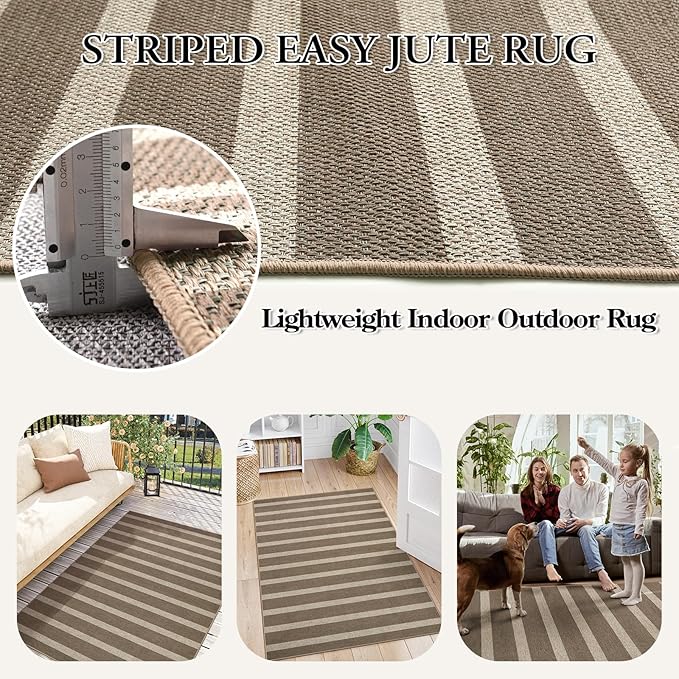 Lahome Elance Striped Easy Jute Rug, 5x7 Dining Room Office Rug Washable Outdoor Patio Rug, Farmhouse Neutral Non Slip Stain Resistance Indoor Outdoor Carpet for Deck Classroom, Khaki