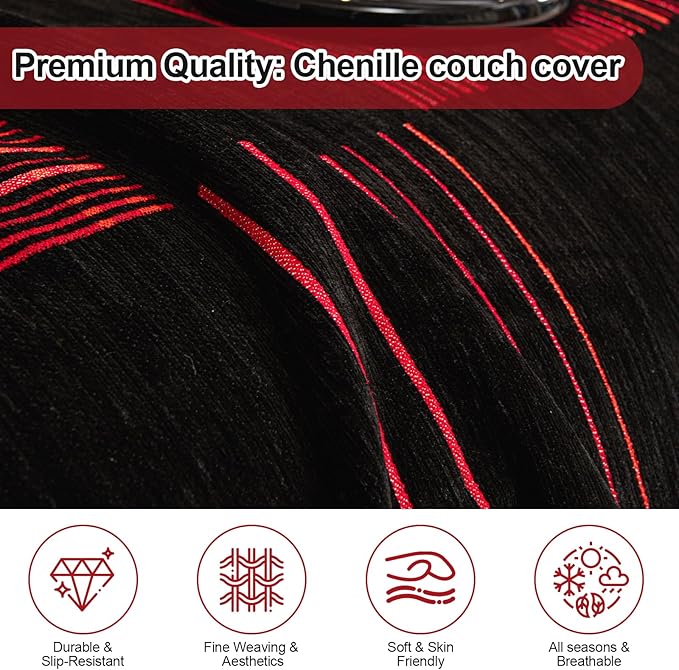 ROOMLIFE Black-Red Couch Cover Sofa Covers, Chenille Couches Covers for 3 Cushion Sofas, Non Slip Soft Breathable Sofa Slipcovers for Pet, Washable Furniture Protector with Tassel,71''X134”
