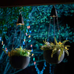 Glitzhome 30" H Hanging Planter with Solar Lights, Black Plastic Garden Planting Pot for Patio Front Porch Balcony or Inside Home, Set of 2