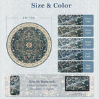 Vintage Round Rugs 6ft, Low Pile Thin Circle Area Rugs for Bedroom Living Room Washable Non Slip, Vintage Medallion Distressed Round Carpet for Kitchen Dining Room, Deep Blue/Multi