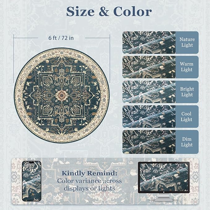 Vintage Round Rugs 6ft, Low Pile Thin Circle Area Rugs for Bedroom Living Room Washable Non Slip, Vintage Medallion Distressed Round Carpet for Kitchen Dining Room, Deep Blue/Multi