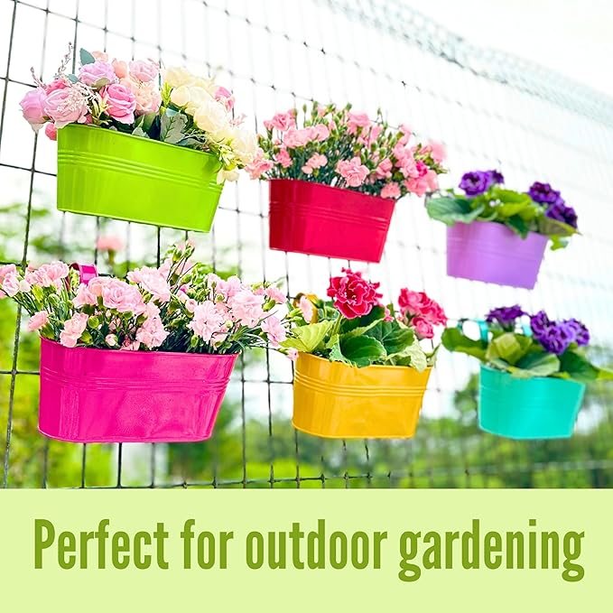 LaLaGreen Outdoor Hanging Planter (11.2 Inch, 6 Pack) Light Purple, Green, Yellow, Cadet Blue, Dark Pink, Red Metal Iron Window Box Flower Pot Deck Railings Balcony Fence Rail Porch Home Garden Decor