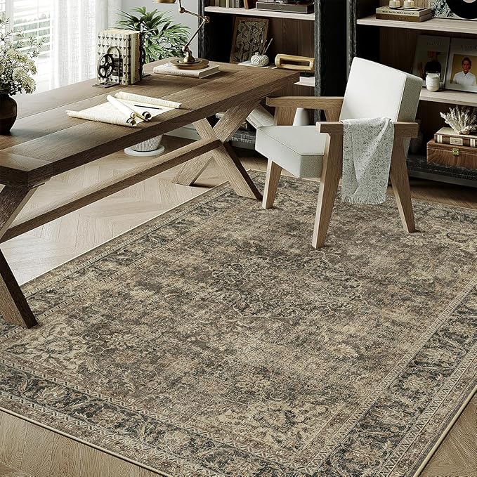 4x5 Washable Brown Area Rug Vintage Entryway Office Carpet Non-Slip Soft Low Pile Distressed Indoor Throw Rug for Living Room Bathroom Dining Room