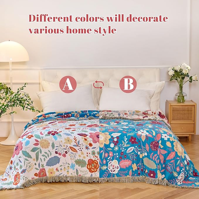 MSGKV Boho Throw Blanket for Bed Twin Size 100% Cotton Floral Blanket 60"x80" for Sofa Couch Muslin Spring Breathable All Seasons Lightweight Farmhouse Blankets Home Decor