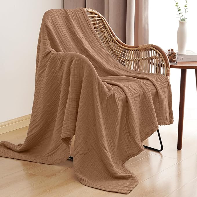 PHF 100% Cotton Muslin Throw XL Blanket Large 50" x 70", 4-Layer Lightweight Gauze Throw, Breathable Cloud-Soft Minimalist Blanket for Bed, Couch, Camping & Baby, Coco Brown, Ideal Gift