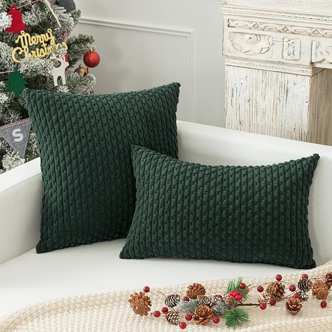 Kevin Textile 12x24 Inch Pillow Cover 1 Pack Boho Christmas Decorative Soft Striped Corduroy Lumbar Farmhouse Color Accent Rectangle Cushion Case for Living Room Couch Sofa Bed, Army Green