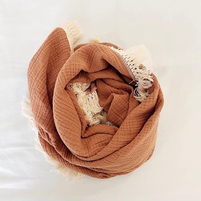 Muslin Cotton Baby Receiving Blanket with Fringe, Boho Bohemian Tassels, Nursery Decor, Boy or Girl Unisex Swaddle Wrap, Use as Throw or Nursing Fringed Blankets (Rust)