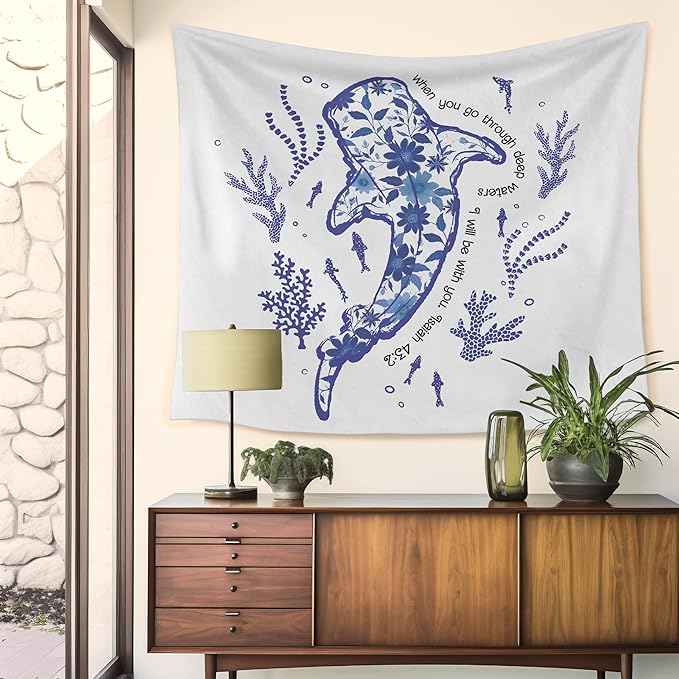 HUGANE Blue Whale Shark Ocean Christian Tapestry, Coastal Beach Sea Floral Coral Plant Wall Tapestries, Isaiah 43:2 Bible Verse Religious Hanging Wall Decor for Bedroom Beach House Cabin