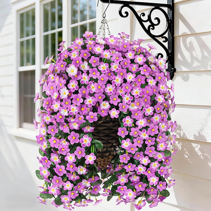 HyeFlora Artificial Fake Hanging Flowers with Basket for Outdoor Decoration,UV Resistant Faux Silk Daisy Flowers Light Fuchsia Orchid Vines in Planter Realistic Hanging Baskets for Home Porch Garden