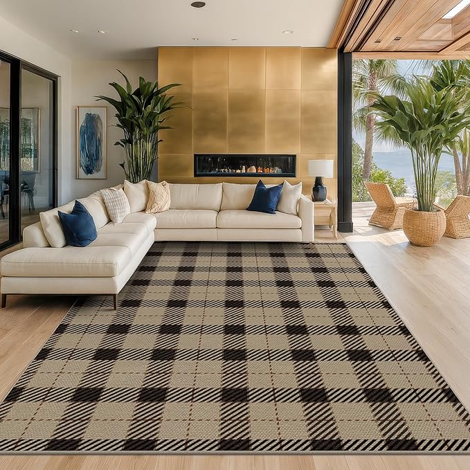 Washable Easy Jute Area Rug 8x10 for Living Room, Washable Checkered Plaid Area Rugs for Dining Room, Indoor Outdoor Non Slip Neutral Farmhouse Black and Beige Foldable Carpet