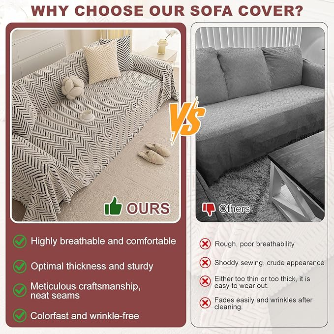 ROOMLIFE Striped Boho Black Couch Cover for 2-3 Cushion Sofa, Fuzzy Plush Warm Sofa Slipcovers Sectional Sofas Covers, Non Slip Washable Furniture Protector Soft with Tassel,Winter 71''X150”