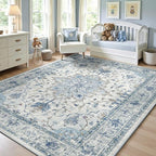 Area Rugs 6'x9' Washable Non-Slip, Floral Vintage Distress Print Pattern Medallion Carpet for Living Room Bedroom Dining Room, Light Blue Navy Beige Gray White
