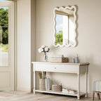 24"x36" White Wavy Wall Mirror for Bedroom Vanity, Large Cream Solid Wood Asymmetrical Mirror, Cute Squiggle Mirror for Room Decor, Aesthetic Funky Curvy Frame