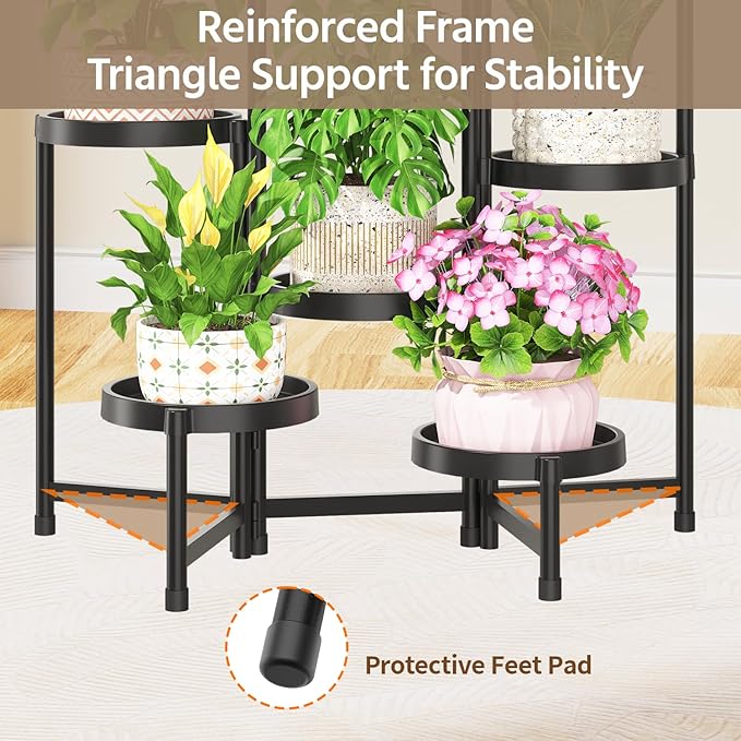 LASZOLA 7 Tiered Plant Stand Indoor Outdoor with Plastic Tray, Corner Folding Tall Flower Display Rack, Modern Plant Holder Shelf for Outdoor Patio Porch Garden Office Living Room, Black