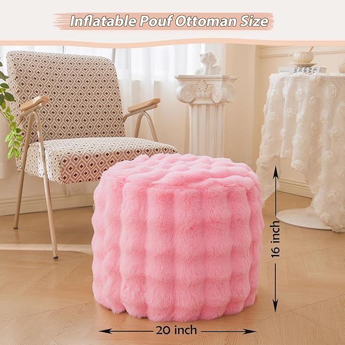 LIFEREVO Faux Rabbit Fur Round Inflatable Pouf Ottoman, 20" X 16" Plush Fuzzy Waffle Bubble Floor Poufs Foot Rest for Living Room Bedroom, Furry Pouf Chair Foot Stool Home Decor, Anti-Slip, Pink