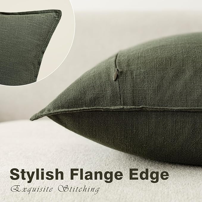Foindtower Pack of 2, Decorative Linen Solid Throw Pillow Covers Soft Accent Cushion Case Farmhouse Neutral Pillowcase for Chair Couch Sofa Bedroom Living Room Home Decor 18 x 18 Inch Dark Olive Green