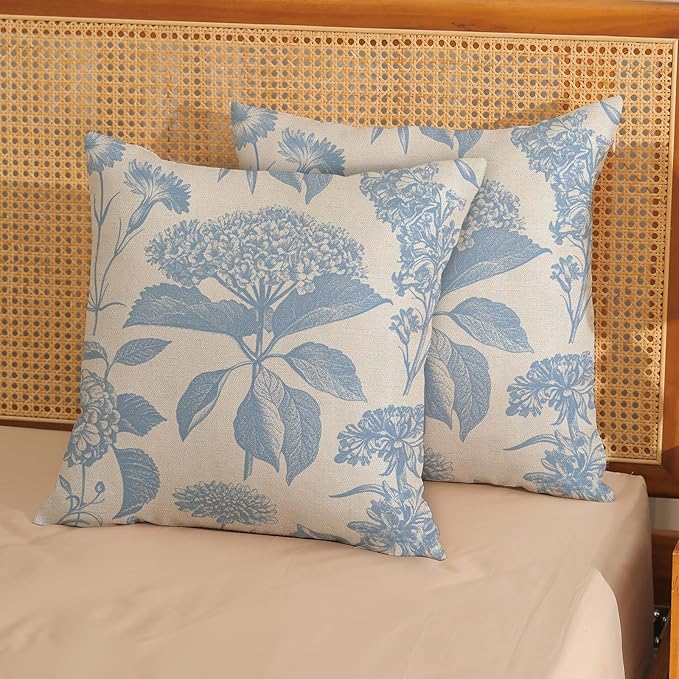 Baby Blue Pillow Covers 18x18 Set of 2 Vintage Boho Floral Hydrangea Herbs Botanical Throw Pillows Outdoor Flower Decoration Pillowcase Linen Farmhouse Cushion Case Decorative for Couch Sofa