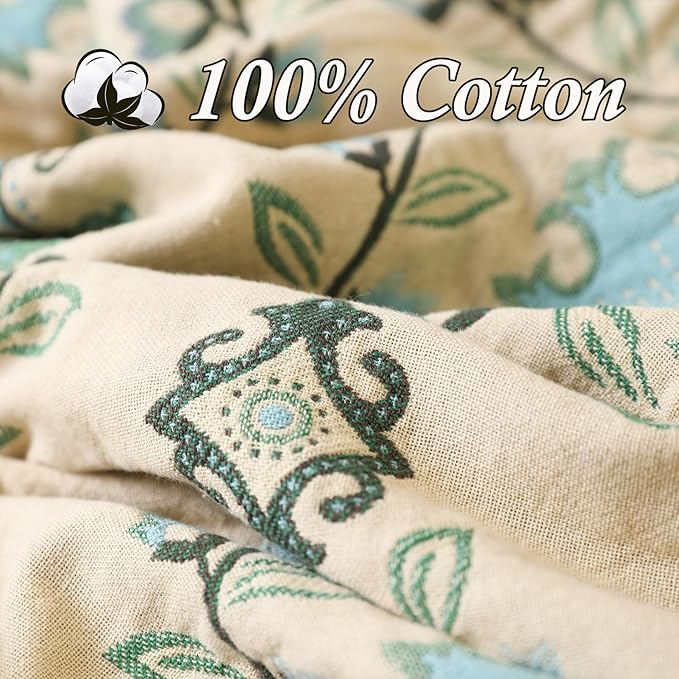 Snycler Boho Throw Blanket for Bed - 100% Cotton Ultra Soft Rustic Quilt - Blue Boho Floral Printed Farmhouse Decor Bed Blankets, 80"×90" All Season Rustic Throw for Sofa Couch Chair