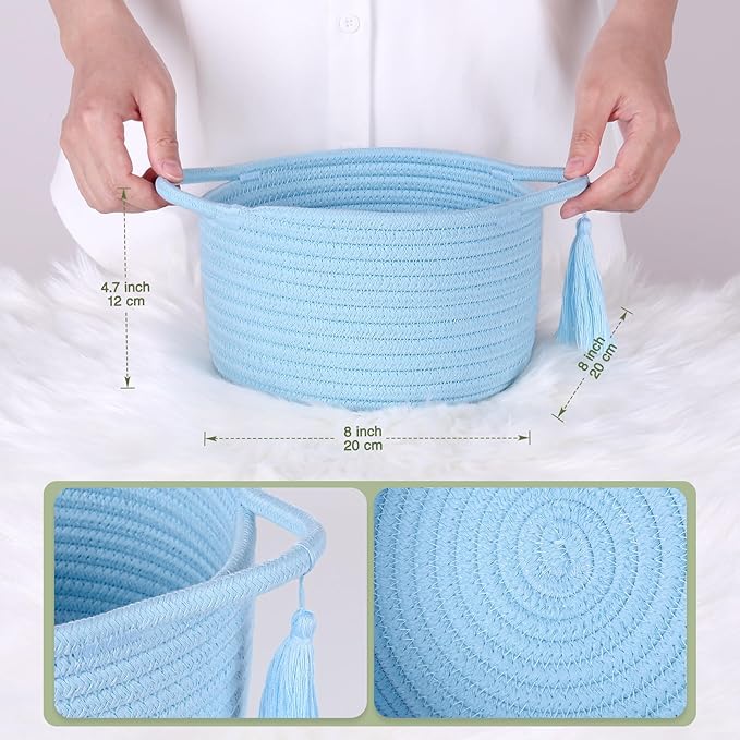 Small Gift Basket Empty – SweetMemo Small Woven Rope Baskets for Teen Girl Gifting, Baby Shower, Desk, Makeup, Bathroom, Vanity– Little Decorative Bin with Gift Bag & Ribbon – Light Blue