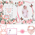 Chumia 6 Pcs Baby Monthly Milestone Blanket for Girl 60" x 40" Butterfly Milestone Blanket Age Photo Photography Backdrop with Newborn Calendar Growth Chart Bib Headband(Pink,Cute Pattern)