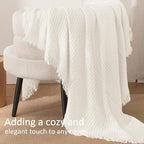 Exclusivo Mezcla Twin Size Knit Blanket with Fringes for Bed, Reversible Super Soft and Warm Woven Boho Throw for All Season, Home Decor, 60"x80", Ivory