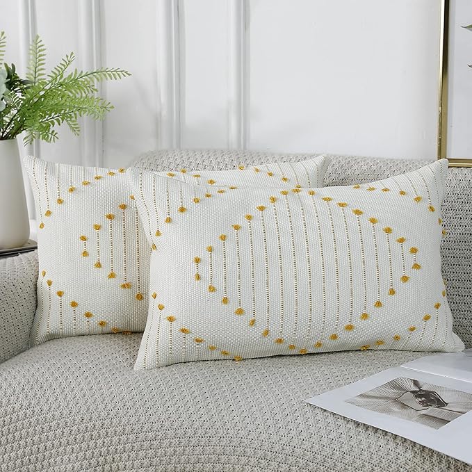 PANOD Set of 2 Boho Tufted Throw Pillow Covers with Tassel 12x20 inch, Decorative Indoor Outdoor Bohemian Lumbar Cushion case Pillowcase for Couch Sofa Livingroom car Farmhouse Yellow and Cream White