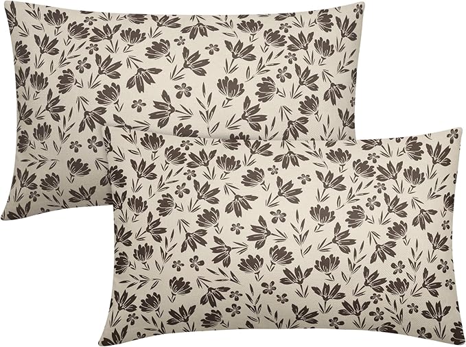 Dark Brown Floral Pillow Covers 12x20 Set of 2 Vintage Rustic Old Style Cute Small Flower Cream Print Decorative Outdoor Pillowcases Farmhouse Throw Cushion Case Decor for Couch Sofa Bed