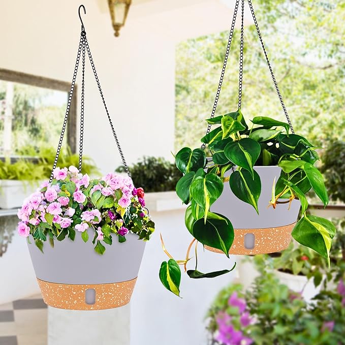 QCQHDU 2 Pack 10 Inch Hanging Planters for Indoor Outdoor Plants, Hanging Baskets Flower Pots with Reservoir Tray & Visible Water-Level